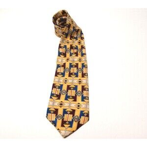 Robert Stock Mens Tie Geometric Gold Pattern 100% Silk Handmade Wide Necktie VTG